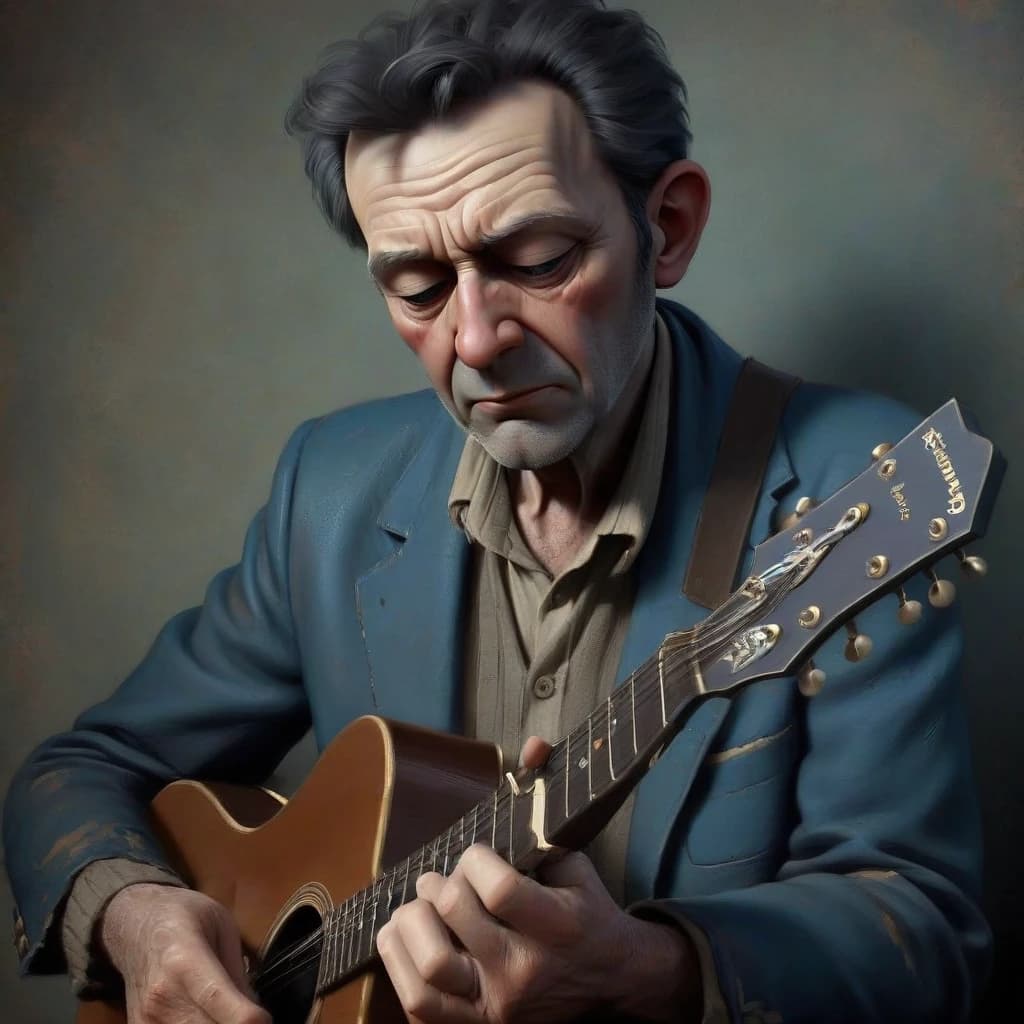 And again alone, I'm loser,
Playing songs my old guitar,
I'm composing something blues, for,
One I love, bright shining star.