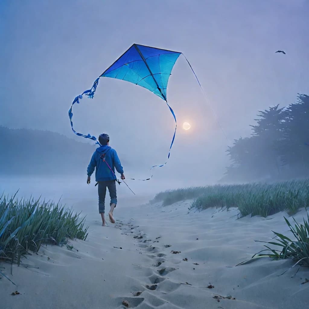 a man flying a kite on top of a beach, fog. 3 d, freezing blue skin, in glitchart jared forest, predawn, overgrowth of grass, deblur, walks down dark hallway, in the middle of a field, ultramarine, higurashi, very foggy, blue tinted