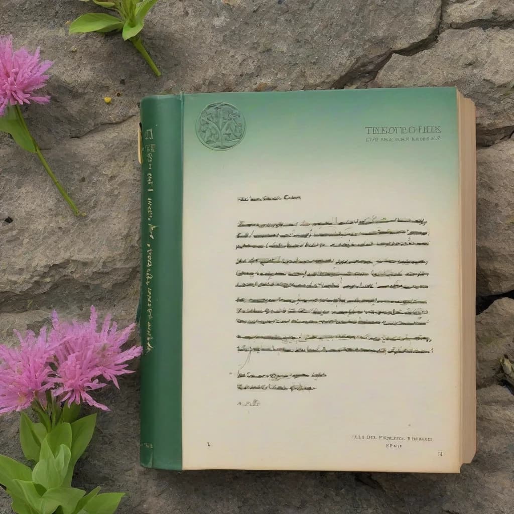 на обложке книги буквы, книга закрыта, сложена, лежит на поляне с весенней травой и цветами на боку, макросъемка, на фоне белых вихрей на рассвете