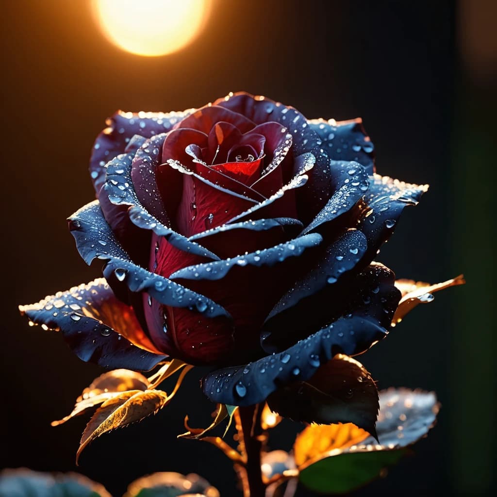 ASCII Masterpiece, (cosy), (ultra high res, mj,best quality,highly detailed:1.5),(cinematic),(volumetric lighting, volumetric shadows:1.5),Amazing, (8k details),(photorealistic:1.4), (warm lighting,ray tracing,dynamic lighting:1.5),
a black rose up close illuminated by divine grace radiated with ancestral light on a rainy day