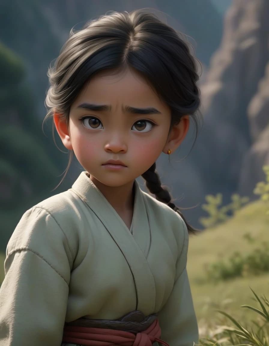A still from the movie, with a grainy, low-contrast quality. A cute little girl next to her black panther , looking at each other with deep affection. The scene is set in ancient China, with a snowy landscape and a dimly lit, Foggy,close-up shot of the face-to-face interaction between the little girl and the animal ,high-end, Realistic Photography, 16K