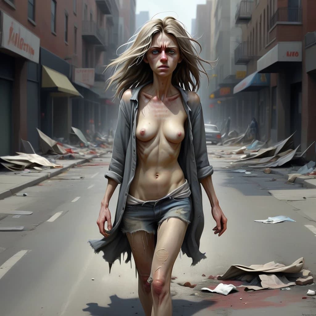 dirty woman walking down a city street, full length, torn clothes, disheveled hair, barefoot, photorealism, masterpiece