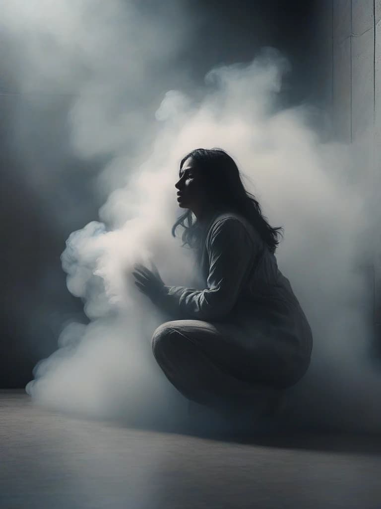 Grey thick smoke in smooth tones depicts a melting figure of a woman against a wall background with smoke streaming down it, holding onto her own self. The woman is kneeling and crying loudly, a dramatic expression on his face. Strong contrast of dramatic colors, 4k, high quality and detail. Flickering light, perfect composition, beautifully detailed intricate insanely detailed octane render trend on artstation, 8 k art photography, photorealistic concept art, soft natural volumetric cinematic perfect light, chiaroscuro, award - winning photograph, masterpiece, oil on canvas, raphael, caravaggio, greg rutkowski, bipple, bexinski, hyger