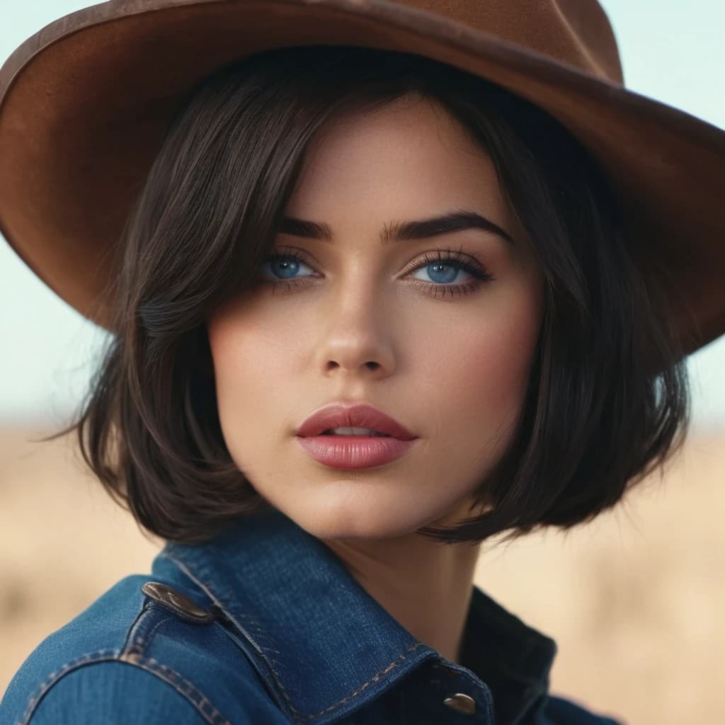 create an art close to comic style of a dark haired cowboy girl with a bob haircut, with blue eyes and plump lips.