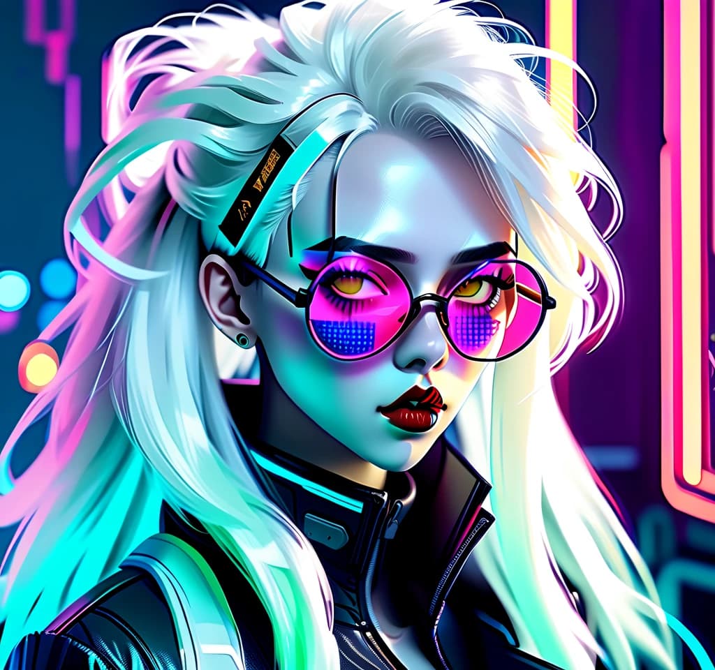 woman, with a lollipop in her lips, brightly colored makeup, long straight white hair, pointy glasses on her face