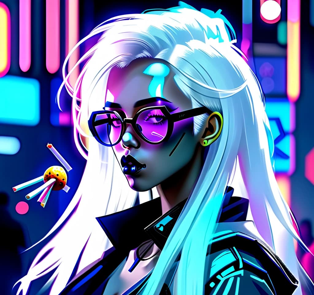 woman, with a lollipop in her lips, brightly colored makeup, long straight white hair, pointy glasses on her face