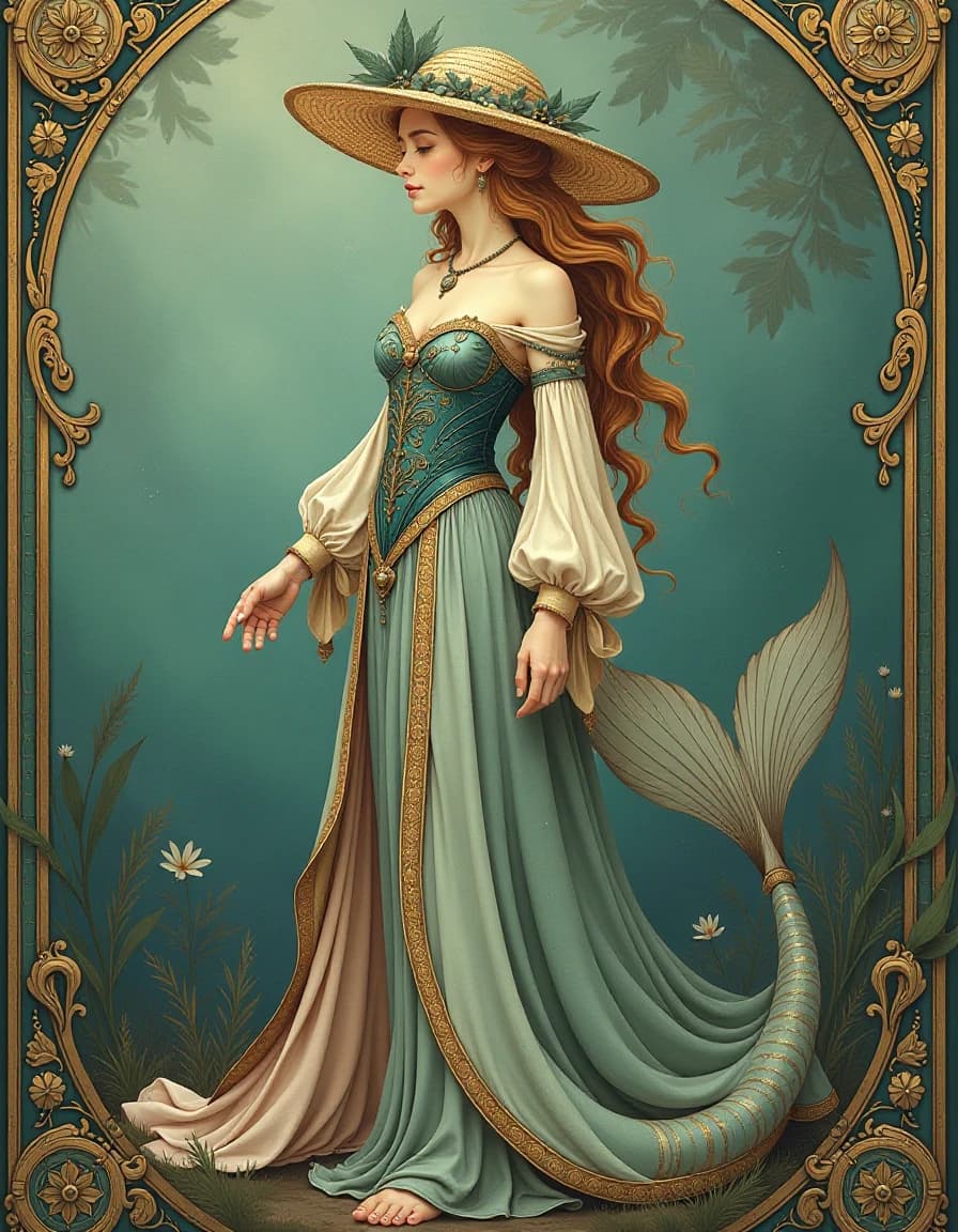 A full-length portrait. A sea creature that looks like a girl in cheap medieval clothes.