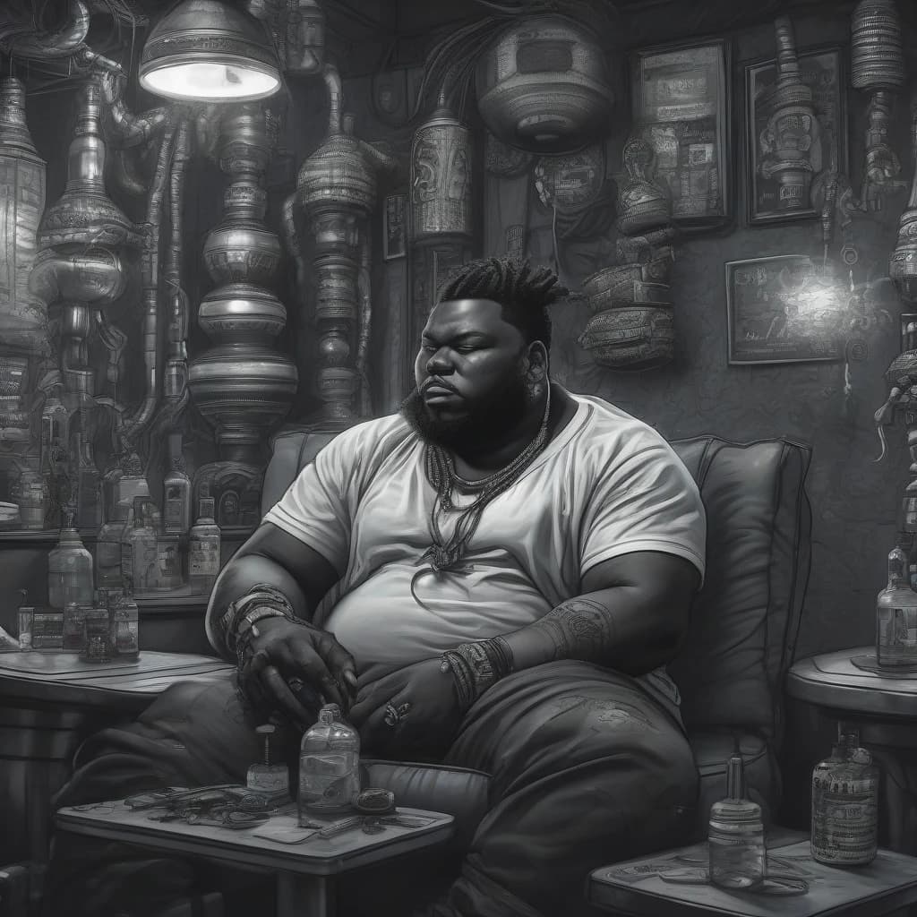 fat black man lounging on pillows in a hookah bar and smoking a hookah, cyberpunk street theme, blurry look, (((masterpiece))), ((best quality)), ((intricate detailed)), ((Hyperrealistic)), black skin, highly detailed, illustration, detailed fingers, beautiful detailed eyes, detailed face, handsome man face, black dreadlocks, (cyberpunk:1.2), detailed background, hookah bar background, neon lights, lens flare, menacing look, looking at the viewer