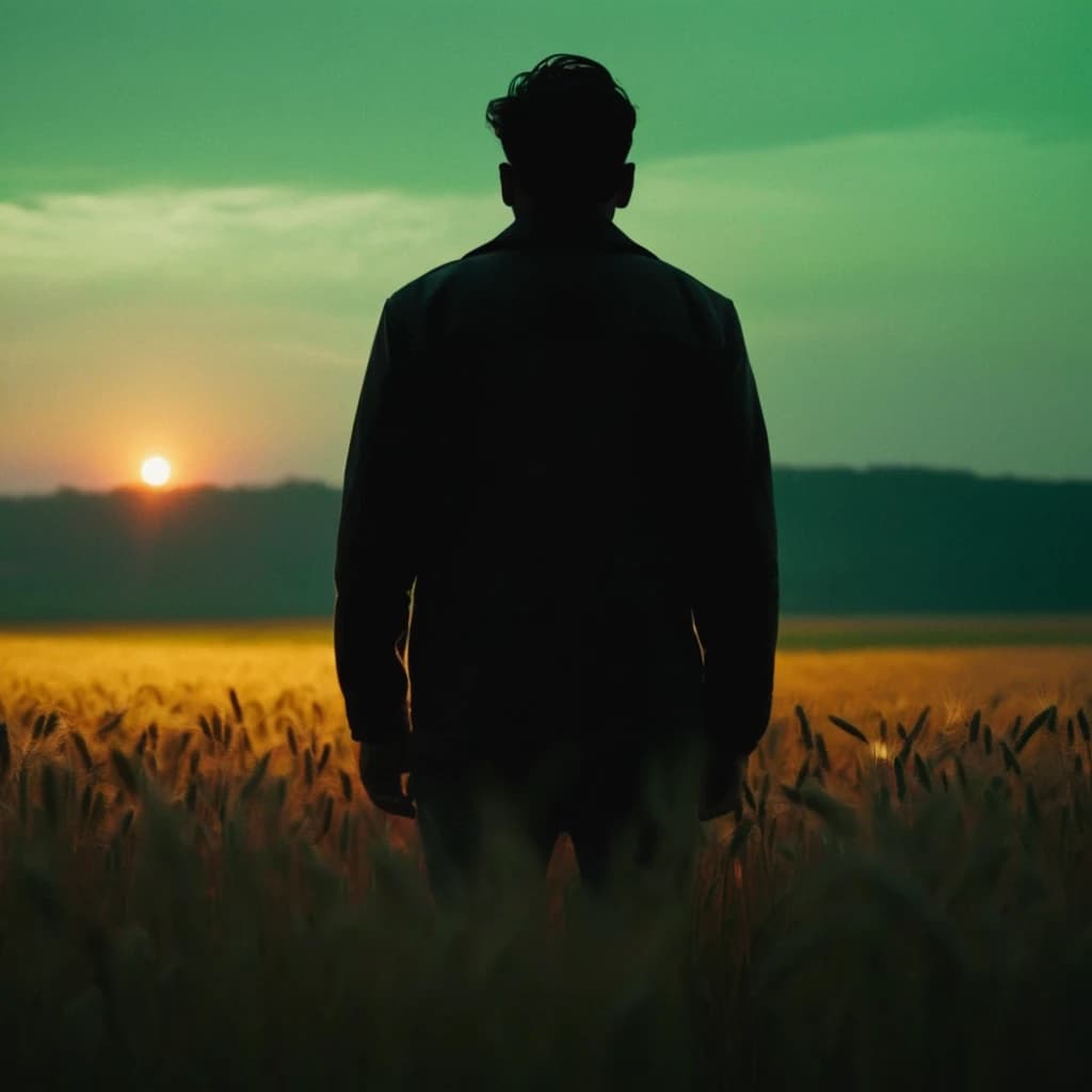 black silhouette stands in a wheat field with his back, dark ambient, green neon, sunset, a person standing in a field on a foggy day, dark ambient album cover, artwork empty daylight, by Chippy, solidity and eternity, completely empty, upset, blurred photo, phonk album cover, cruelty, impactful ambient, disappear, sentinel, emo, blurry, unconnected