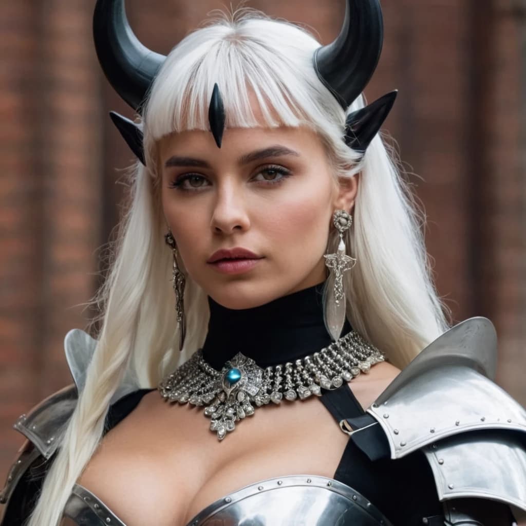 girl, armor, bangs, black gloves, breasts, closed mouth, colored skin, earrings, elbow gloves, gloves, horns, jewelry, large breasts, long hair, looking at viewer, pointy ears, shoulder armor, solo, upper body, white hair