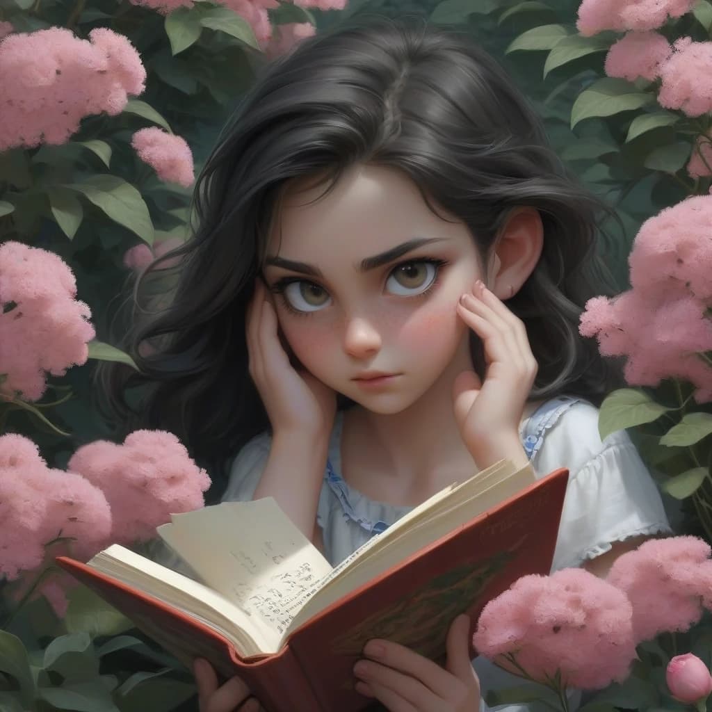 there are letters on the cover of the book, the book is closed, folded, lying in a clearing with spring grass and flowers on its side, macro photography, against a background of white whirlwinds at dawn