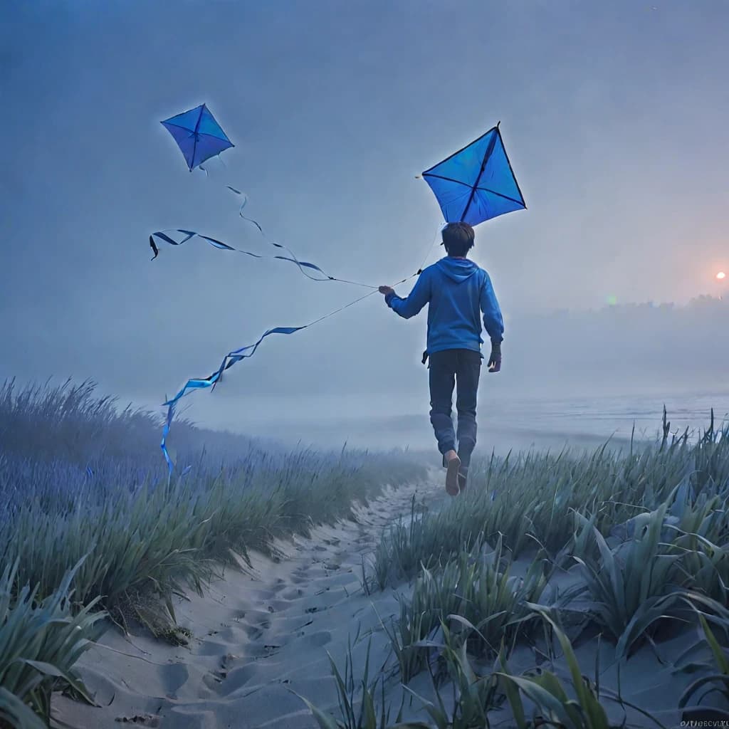 a man flying a kite on top of a beach, fog. 3 d, freezing blue skin, in glitchart jared forest, predawn, overgrowth of grass, deblur, walks down dark hallway, in the middle of a field, ultramarine, higurashi, very foggy, blue tinted