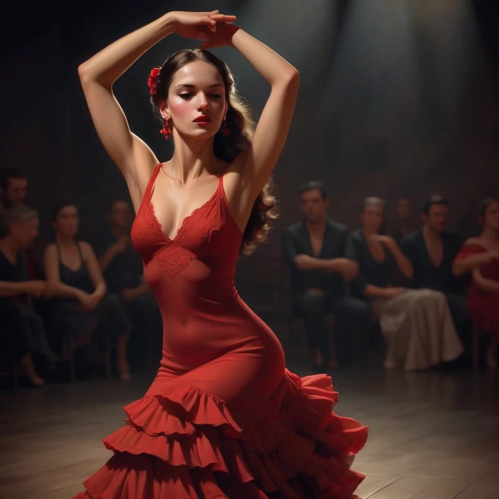 flamenco dance, beautiful
brunette girl, dancing flamenco, passionately, in love, gracefully, beauty, she is wearing a red dress, muted intimate light, complex steps, castanets, the audience is visible around in the semi-darkness