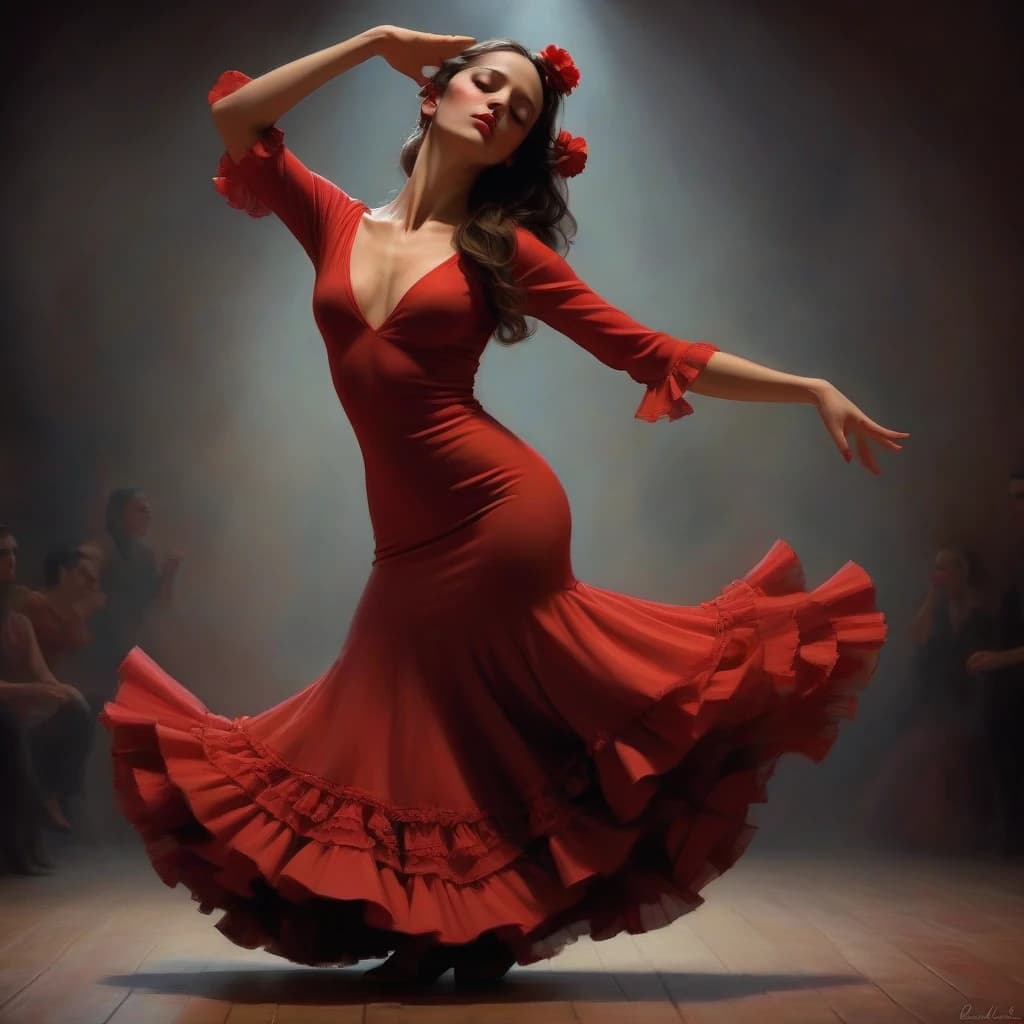 flamenco dance, beautiful
brunette girl, dancing flamenco, passionately, in love, gracefully, beauty, she is wearing a red dress, muted intimate light, complex steps, castanets, the audience is visible around in the semi-darkness