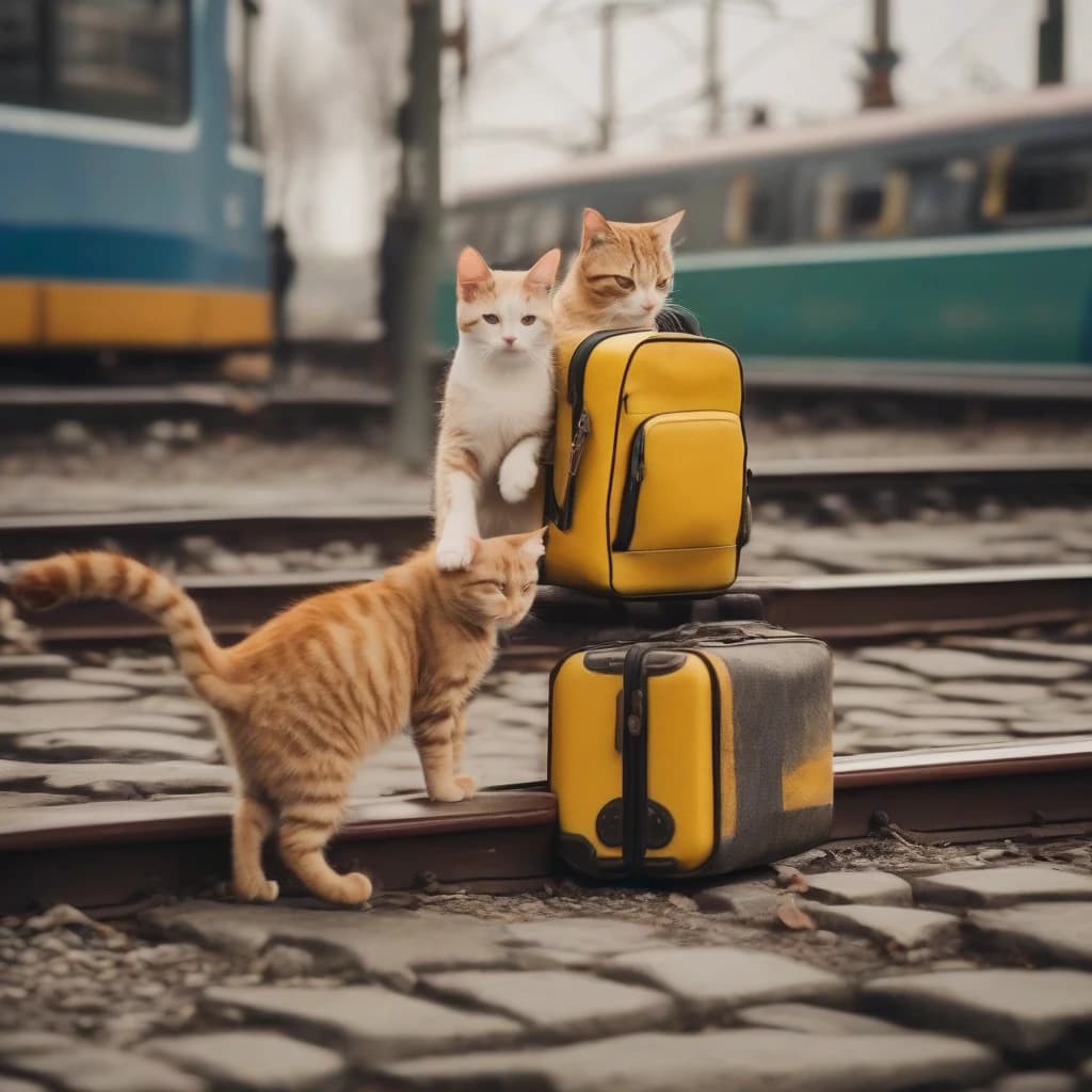 a cat and a kitten stand on two legs, a cat holds a red little bag, stands on a railway station, a kitten stands next to the cat, he put his paw on a yellow suitcase, the suitcase is on the floor