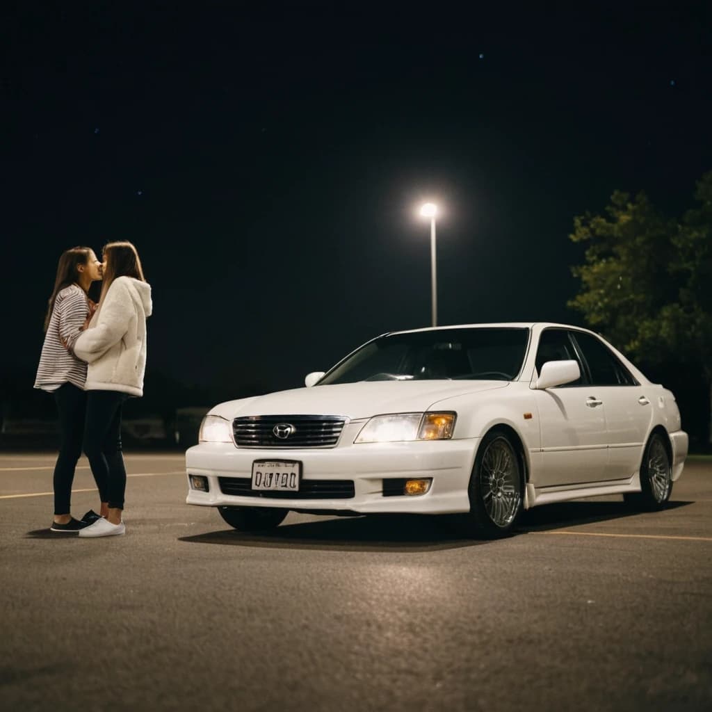 Белая машина Toyota chaser на парковке, ночь, полная луна, фары горят, в машине парень и девушка смотрят друг на друга
