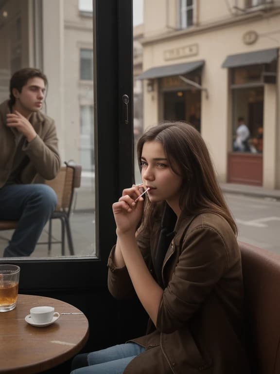 a young guy is sitting and looking at the street from a cafe, he is smoking, a beautiful girl passes by the window
