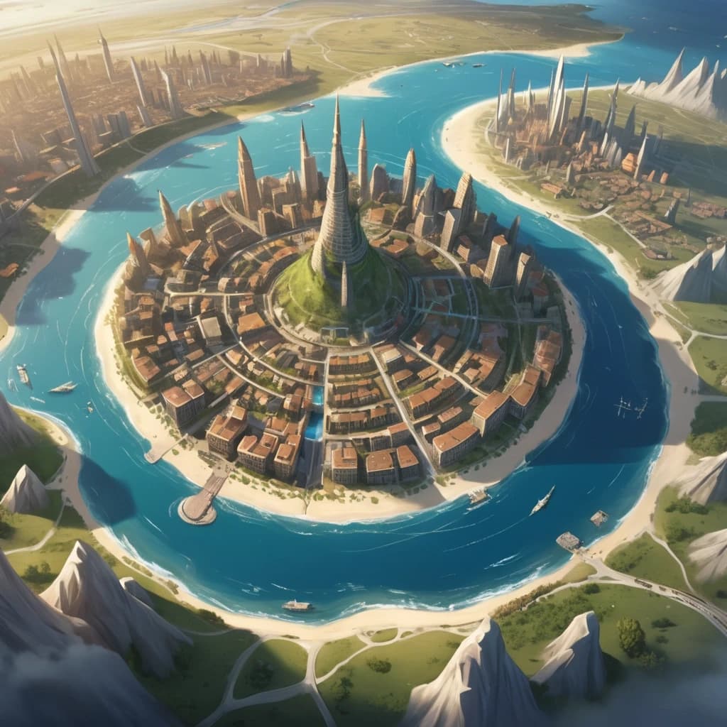 Основная сцена:
A majestic spiral city-island, aerial view, intricate map style. The city is built on a conical mountain, surrounded by a vast, flat sandy coastal plain. The streets form a dense, tangled network, spiraling from the peak down to the fields below.
Похож на Мон-Сен-Мишель. Остров очень высокий, но не широкий. Имеет ТОЛЬКО ТРИ ЯРУСА.
Описание ярусов (сверху вниз):
Верхний ярус (Пик):
At the very top, a Crown District: a complex of ancient churches, temples, and chapels that resemble a huge, ornate carved crown. Stone architecture, spires.
Средний ярус:
Below it, the Upper City: a picturesque district with elegant houses with stucco decorations and colorful stained glass windows. Stone mansions with courtyards and gardens. Bustling, abundant marketplaces. Universities. Opulent and vibrant.
Нижний ярус (У подножия горы):
At the bottom, the Lower City: a chaotic district of slums with rotten, bald roofs. Ramshackle houses, greasy taverns, slippery fish markets, sooty chapels. The houses descend to the water's edge, where laundresses wash clothes, talk, and sing.
Внешнее кольцо:
Surrounding the city walls: vast expanses of fields, gardens, and peasant huts. A noisy port with ships in docks, sailors, and port workers. A causeway with carts and merchants leads to the city.
Ключевые стили и детали:
Fantasy art, detailed, epic scale, cinematic lighting, vibrant colors in the Upper City, muted and grim colors in the Lower City. By artists like Alan Lee and John Howe.