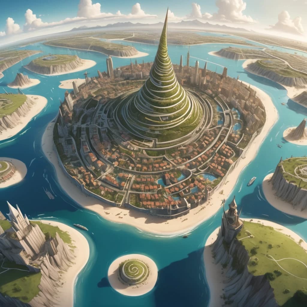 Основная сцена:
A majestic spiral city-island, aerial view, intricate map style. The city is built on a conical mountain, surrounded by a vast, flat sandy coastal plain. The streets form a dense, tangled network, spiraling from the peak down to the fields below.
Похож на Мон-Сен-Мишель. Остров очень высокий, но не широкий. Имеет ТОЛЬКО ТРИ ЯРУСА.
Описание ярусов (сверху вниз):
Верхний ярус (Пик):
At the very top, a Crown District: a complex of ancient churches, temples, and chapels that resemble a huge, ornate carved crown. Stone architecture, spires.
Средний ярус:
Below it, the Upper City: a picturesque district with elegant houses with stucco decorations and colorful stained glass windows. Stone mansions with courtyards and gardens. Bustling, abundant marketplaces. Universities. Opulent and vibrant.
Нижний ярус (У подножия горы):
At the bottom, the Lower City: a chaotic district of slums with rotten, bald roofs. Ramshackle houses, greasy taverns, slippery fish markets, sooty chapels. The houses descend to the water's edge, where laundresses wash clothes, talk, and sing.
Внешнее кольцо:
Surrounding the city walls: vast expanses of fields, gardens, and peasant huts. A noisy port with ships in docks, sailors, and port workers. A causeway with carts and merchants leads to the city.
Ключевые стили и детали:
Fantasy art, detailed, epic scale, cinematic lighting, vibrant colors in the Upper City, muted and grim colors in the Lower City. By artists like Alan Lee and John Howe.