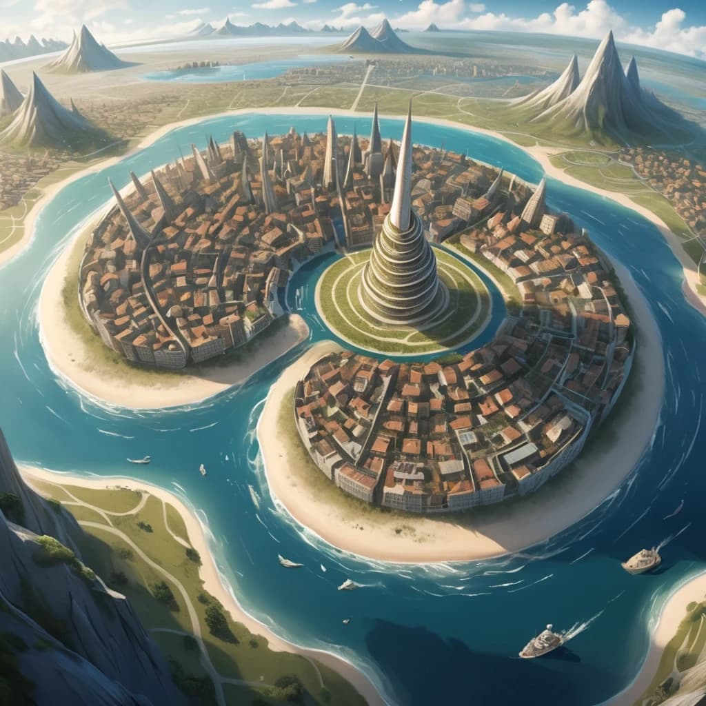 Основная сцена:
A majestic spiral city-island, aerial view, intricate map style. The city is built on a conical mountain, surrounded by a vast, flat sandy coastal plain. The streets form a dense, tangled network, spiraling from the peak down to the fields below.
Похож на Мон-Сен-Мишель. Остров очень высокий, но не широкий.
Описание ярусов (сверху вниз):
Верхний ярус (Пик):
At the very top, a Crown District: a complex of ancient churches, temples, and chapels that resemble a huge, ornate carved crown. Stone architecture, spires.
Средний ярус:
Below it, the Upper City: a picturesque district with elegant houses with stucco decorations and colorful stained glass windows. Stone mansions with courtyards and gardens. Bustling, abundant marketplaces. Universities. Opulent and vibrant.
Нижний ярус (У подножия горы):
At the bottom, the Lower City: a chaotic district of slums with rotten, bald roofs. Ramshackle houses, greasy taverns, slippery fish markets, sooty chapels. The houses descend to the water's edge, where laundresses wash clothes, talk, and sing.
Внешнее кольцо:
Surrounding the city walls: vast expanses of fields, gardens, and peasant huts. A noisy port with ships in docks, sailors, and port workers. A causeway with carts and merchants leads to the city.
Ключевые стили и детали:
Fantasy art, detailed, epic scale, cinematic lighting, vibrant colors in the Upper City, muted and grim colors in the Lower City. By artists like Alan Lee and John Howe.
