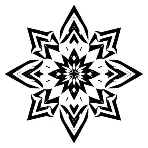 A continuous line art stencil in a strict geometric Scandinavian style. The design must be a symmetrical, linear composition of sharp triangles, straight lines, and dynamic wave patterns, creating a sense of warlike motion. The ornament should be a single, unbroken black contour on a white background, suitable for 3D printing. No curves, only sharp angles and geometric forms.