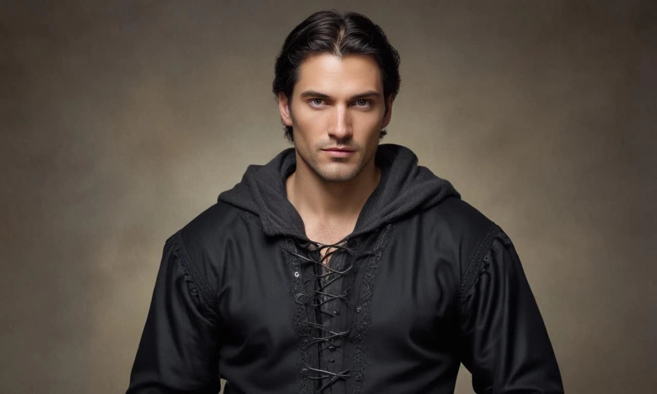 Realistic full-body length photograph of a medieval handsome tall man between the ages of 35 and 40, strong-willed face, dark-haired man with noble gray hair, expressive gray eyes, well defined beautiful lips, good harmonious figure, dressed in a medieval black camisole with black lacing in front and long sleeves and (((hood on his head))), sitting on a black horse and riding along a medieval road with sparse (((pine trees))) on either side. It is raining lightly and the weather is overcast. hyperrealistic, octane rendering, ray tracing, depth of field, super detail, 8K, trends on artstation, artgem.