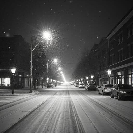 a black and white photo of a snowy night, inspired by roger deakins, video, atmosphere hyperrealistic, backscatter orbs, empty streetscapes