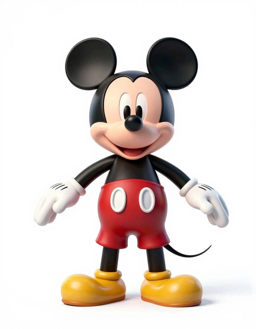A full-length shot of the classic Mickey Mouse standing in a strict pose of the letter "T", legs shoulder-width apart, arms spread apart, on a pure white background, studio lighting, highly detailed 3D rendering, clear character design for rigging into a 3d model