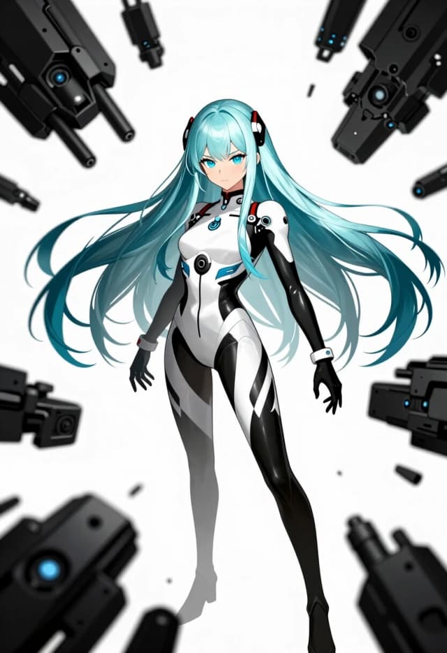 (lacia beatless:1.4), beatless, 1girl, solo, android, long straight hair, loose hair, hair down, long hair flowing, (ice blue hair, light silver-blue hair:1.2), blunt bangs, black hair ornaments on sides of head, (dark blue eyes, indigo eyes:1.2), expressionless, wearing futuristic white and black hIE bodysuit, surrounded by floating huge black mechanical weapon parts Black Monolith, dynamic action pose, masterpiece, high quality anime, digital art, illustration by redjuice, smartphone wallpaper
