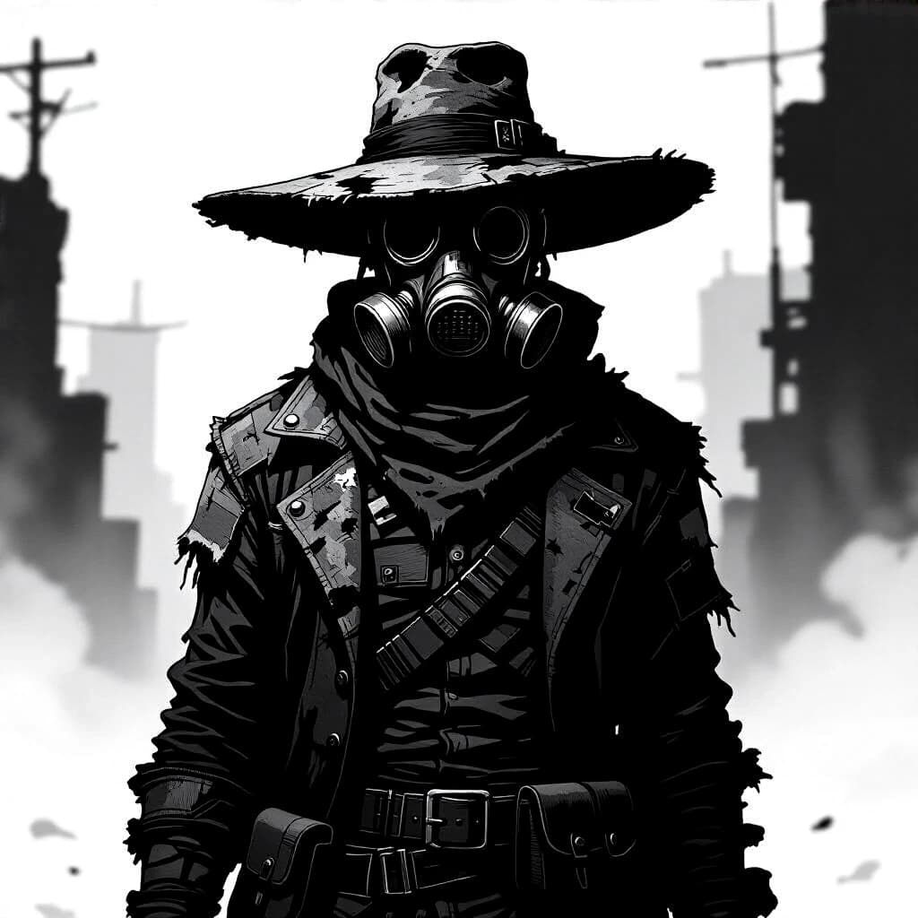 A tall, broad-shouldered male trader in a post-apocalyptic wasteland, wearing a patchwork of tattered, layered clothing that hides his entire body, his face obscured by a menacing respirator gas mask with tubes, wearing a wide-brimmed hat that resembles a large disc on his head, black and white ink illustration, detailed line art with cross-hatching and stippling, high contrast monochrome, cinematic composition, dramatic shadows, sharp focus, post-apocalyptic trader character design, textured paper feel