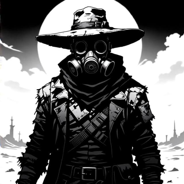 A tall, broad-shouldered male trader in a post-apocalyptic wasteland, wearing a patchwork of tattered, layered clothing that hides his entire body, his face obscured by a menacing respirator gas mask with tubes, wearing a wide-brimmed hat that resembles a large disc on his head, black and white ink illustration, detailed line art with cross-hatching and stippling, high contrast monochrome, cinematic composition, dramatic shadows, sharp focus, post-apocalyptic trader character design, textured paper feel
