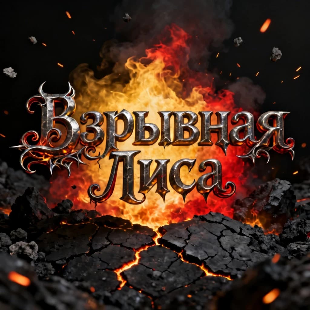 Cinematic glowing charred obsidian and smoldering coal title text in Russian: "Взрывная Лиса" with intricate gothic-inspired, flame-twisted curlicues and sharp, cracked metallic filigree, figured letters with a rough, charcoal-black texture and deep glowing cracks, intense amber and crimson ember glow and fiery heat haze bloom around the text, volumetric 3D typography, high contrast infernal lighting from within, black background, subtle floating ash particles and fiery sparks in the air, game splash screen title style, epic and primal, ultra-detailed, high quality, sharp focus, no people, no characters, only text.