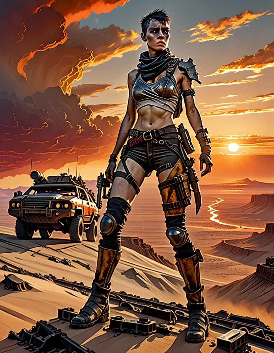 Furiosa stands on a high cliff above an endless wasteland during a breathtaking sunset. The wind moves her rugged clothing while her mechanical prosthetic reflects the final rays of sunlight. Far below, the tracks of a massive vehicle convoy disappear into the distant desert road. A huge sun sinks beneath the horizon, filling the sky with fiery clouds and glowing golden-red light. Furiosa gazes into the distance as if she is finally seeing the possibility of a new life. Atmosphere of freedom, hope and victory after a long struggle. Epic cinematic frame, photorealistic, dramatic lighting, breathtaking detail, vertical movie poster.