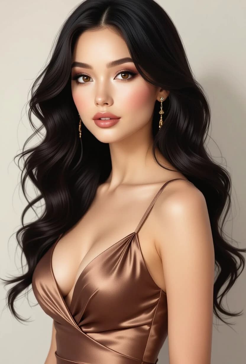 slim women, wavy long black hair, brown eyes, satin dress, intricate details, highly detailed, ultra realistic