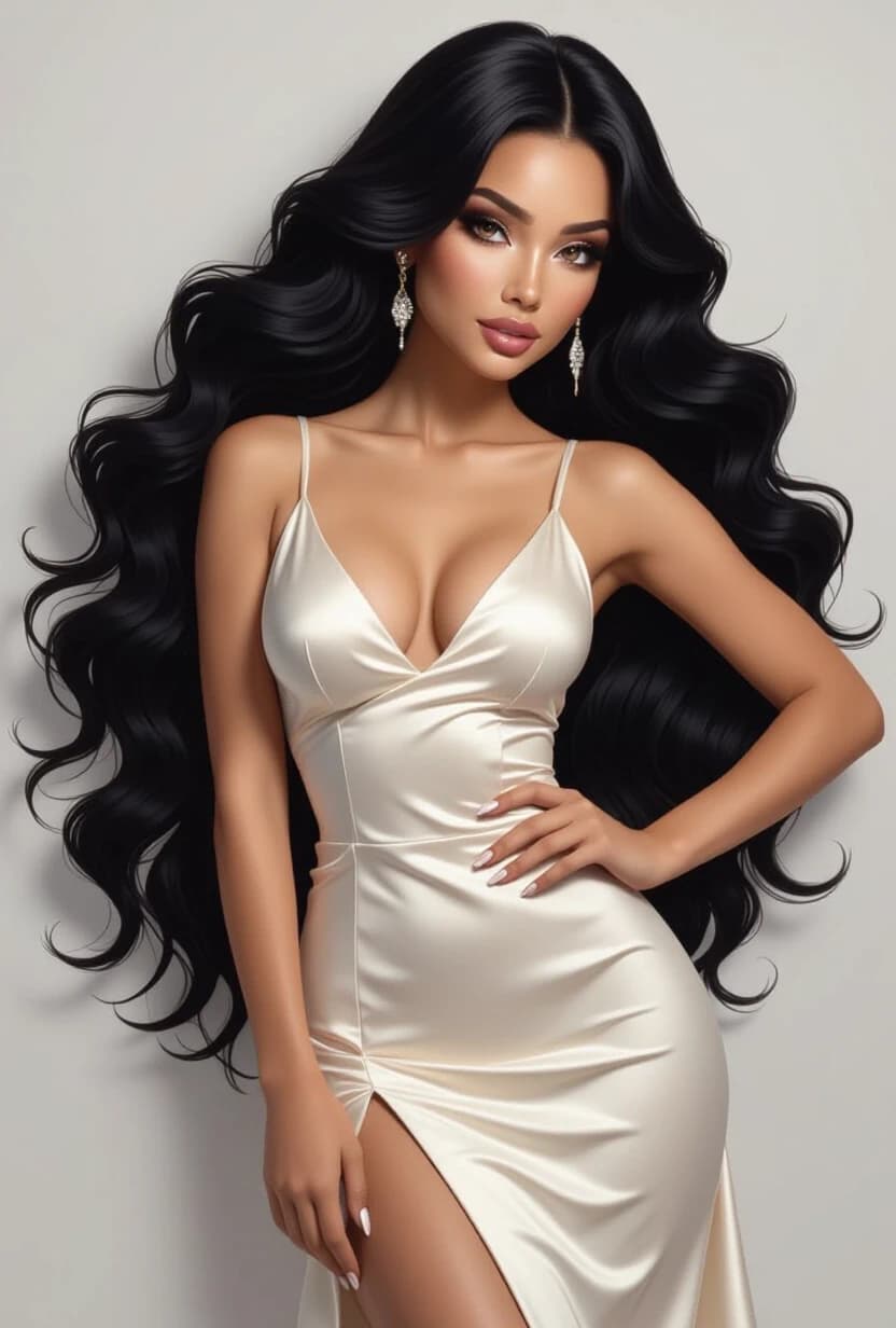 slim women, wavy long black hair, brown eyes, satin dress, intricate details, highly detailed, ultra realistic