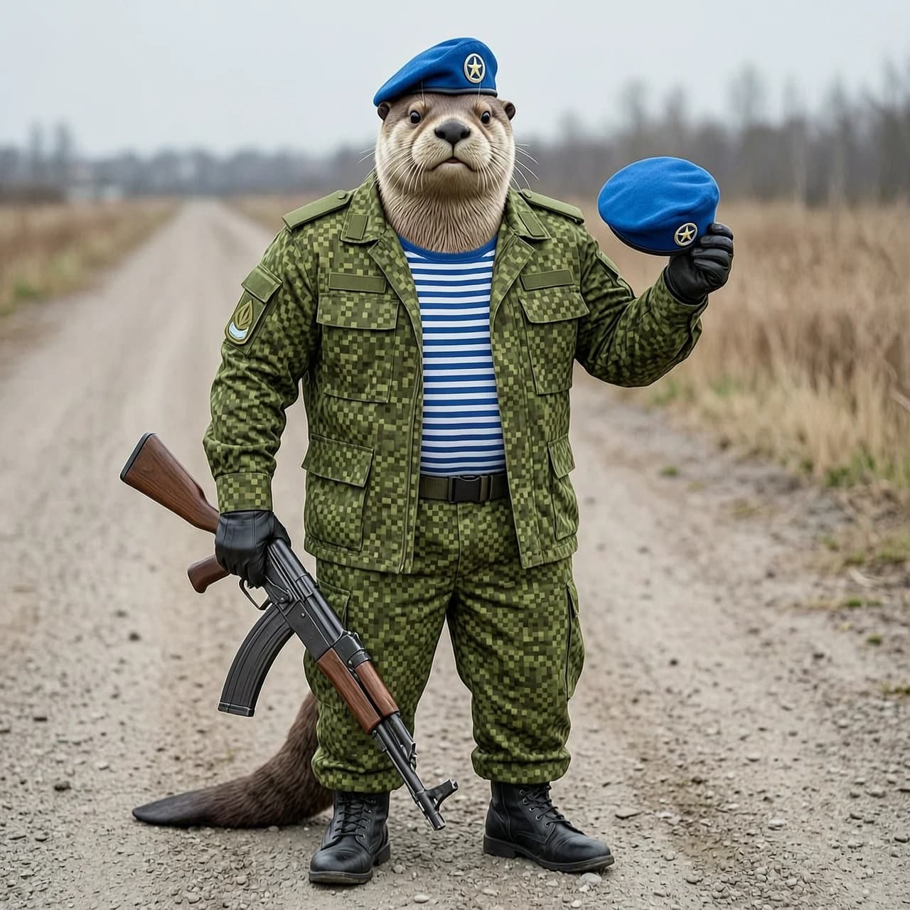 Сгенерируй изображение (Антропоморфный накаченный бобёр военный, в левой руке он держит берет (он как будто его вот вот оденет), в правой руке держит акс-74 дулом вниз. Одежда бобра военного образца ВС РБ (боевая), в тельняшке, тельняшка видна выражено) изображение в стиле реализм. Бобёр должен стоять лицом и телом к зрителю, автомат должен быть Автомат Калашникова складной - 74. Погоны должны быть пустые без каких либо званий, камуфляж должен быть пиксельный, на одежде не должно быть шевронов. Вместо фуражки должен быть голубой берет как у сил специальных операций (обязательно с кокардой в виде звезды)