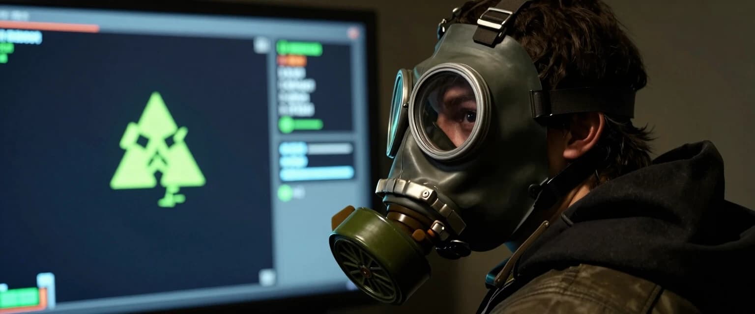 Создай изображение персонажа из игры nuclear nightmare который носит противогаз, и сделай так что бы он смотрел в экран одной стороной
