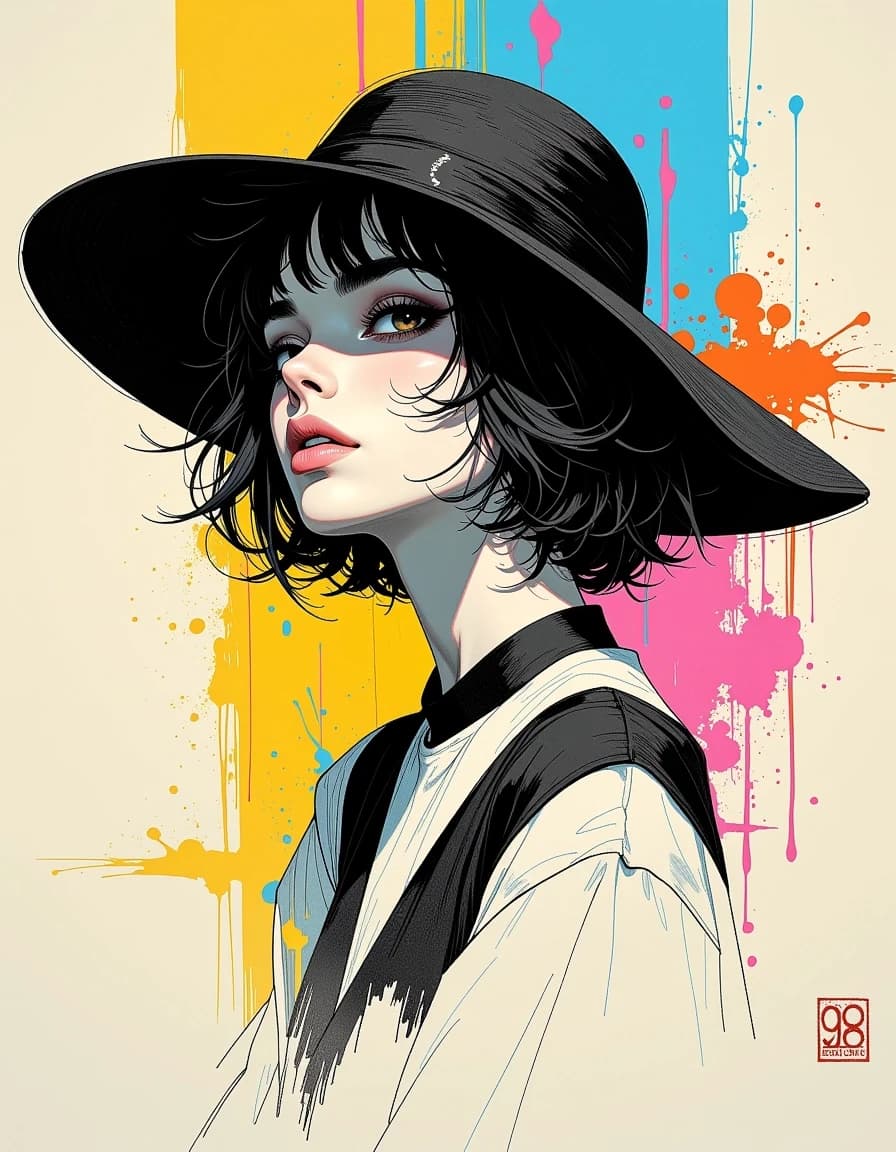 A masterpiece, in the style of the 1980s, with bold lines, dynamic strokes and rich textures, on background with a touch of nostalgia, perhaps with subtle drawings inspired by cellulose and vintage, worn textures similar to paper, oil painting, black and white pencil and ink graphics, jagged lines, sharp angles, shading, high detail, three-quarter turn, free pose. power and glory, extreme, pencil sketch, drawing of a woman in a black and white outfit, thin and sharp lines, scene background, high view, neon cyberpunk, Pastel chiffon colours, dreamlike paint