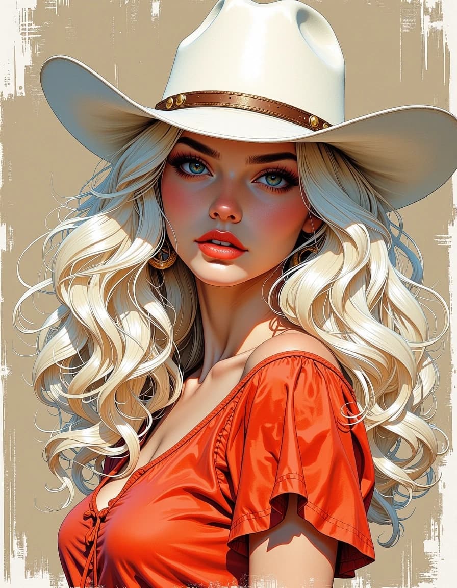 A masterpiece, in the style of the 1980s, with bold lines, dynamic strokes and rich textures, on background with a touch of nostalgia, perhaps with subtle drawings inspired by cellulose and vintage, worn textures similar to paper, oil painting, model, pretty woman with soft lush curly warm white long hair, in white cowboy hat, line art in natural colors, perfect symmetric eyes, detailed gorgeous face,
trending on artstation, sharp focus, studio photo, intricate details,
highly detailed, by Greg Rutkowski