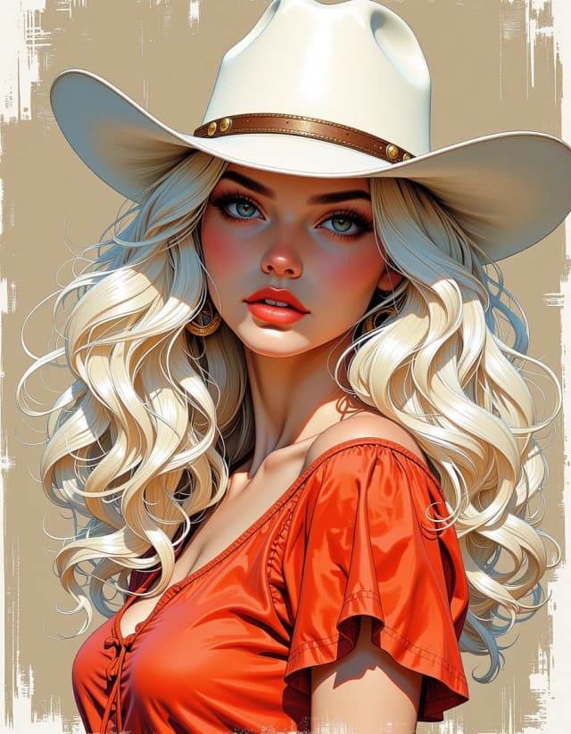 A masterpiece, in the style of the 1980s, with bold lines, dynamic strokes and rich textures, on background with a touch of nostalgia, perhaps with subtle drawings inspired by cellulose and vintage, worn textures similar to paper, oil painting, model, pretty woman with soft lush curly warm white long hair, in white cowboy hat, line art in natural colors, perfect symmetric eyes, detailed gorgeous face,
trending on artstation, sharp focus, studio photo, intricate details,
highly detailed, by Greg Rutkowski