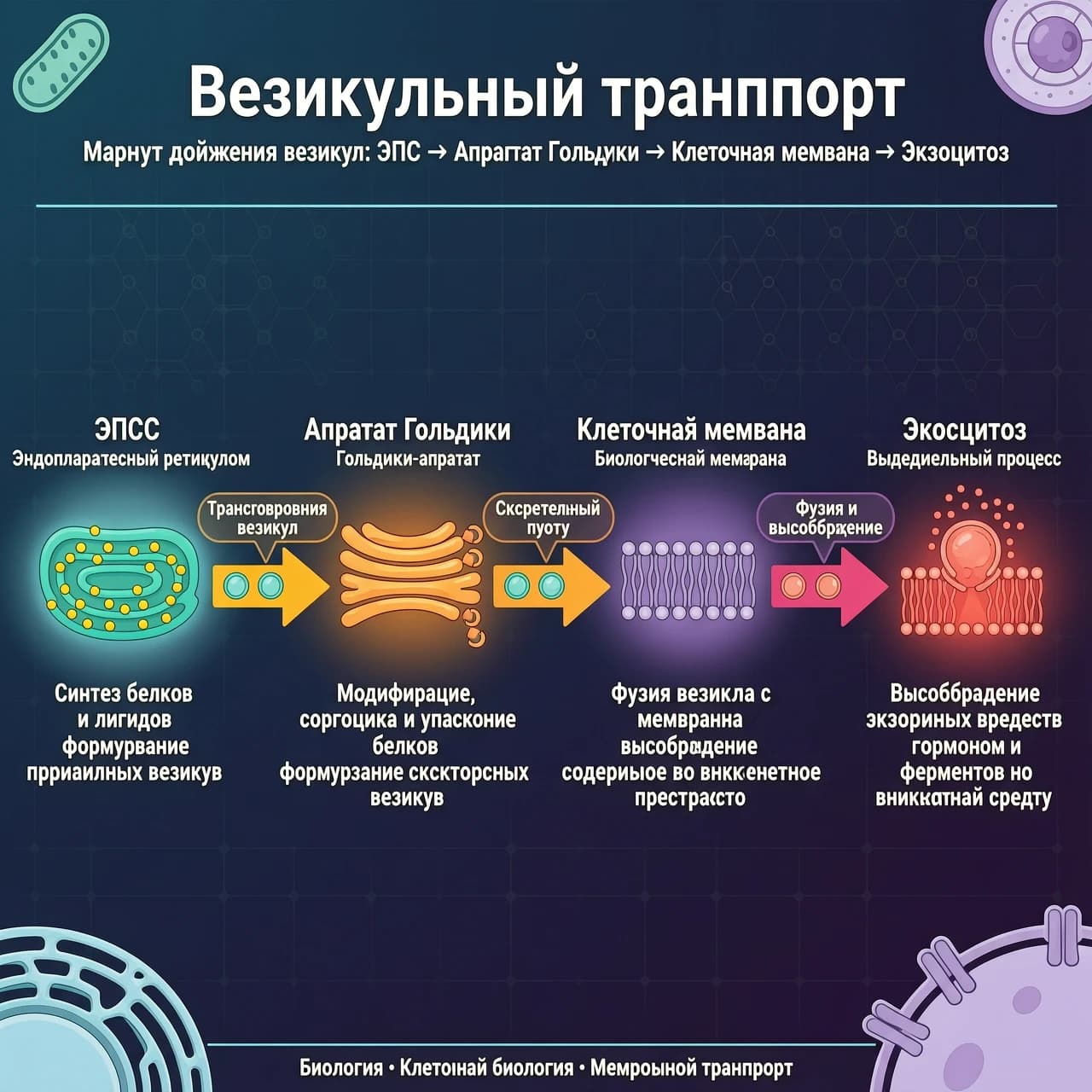 Схема движения везикулы: ЭПС \(\rightarrow \) Аппарат Гольджи \(\rightarrow \) Клеточная мембрана \(\rightarrow \) Экзоцитоз.