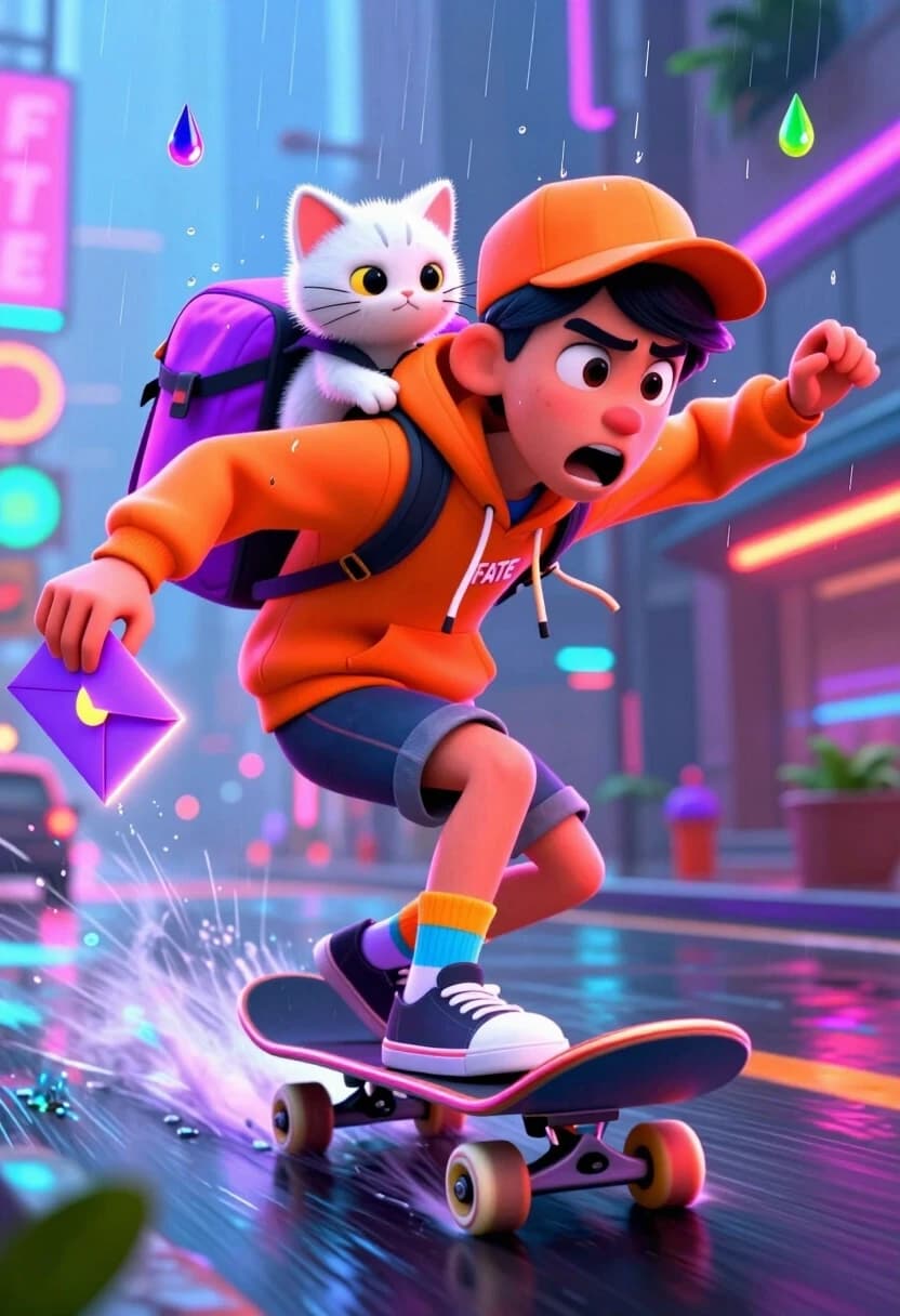 3D rendered cinematic animation, Pixar-level lighting, vibrant saturated colors, high-end octane render. A hyper-energetic teenage courier in a neon-orange hoodie and mismatched socks is desperately trying to deliver a glowing purple envelope marked “FATE” before the clock strikes midnight. He’s riding a wobbly skateboard down a steep, rain-slicked city street at full speed: his eyes are wide with panic, his mouth is open mid-shout, and his hoodie strings are flying behind him. The envelope is clutched in one hand, while the other arm is flailing for balance.
The twist: the only thing keeping him from wiping out is a tiny, fluffy white kitten riding on his shoulder like a co-pilot, its tiny paws gripping his collar. The kitten looks oddly calm and even slightly smug, as if it’s secretly steering him with its weight.
Dynamic low-angle shot, Dutch angle tilt for extra chaos. The background is a blur of neon signs and wet pavement reflections, streaks of motion blur on the wheels and water spray. Rim light and volumetric fog make the glowing envelope the brightest spot in the frame. Floating raindrops catch the neon colors, turning them into tiny prisms. Color palette: electric blue, neon orange, deep purple, and acid green. Mood: chaotic energy, absurd stakes, youthful panic with a dash of cuteness.
Technical: thick clean outlines, subsurface scattering on skin, cloth simulation for the hoodie, particle system for raindrops and water spray, motion blur on background only, sharp focus on the boy’s face and the glowing envelope.