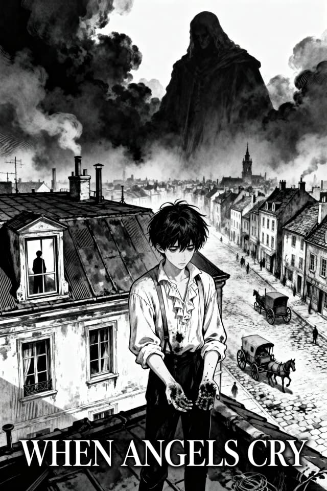 Black and white Japanese manga novel cover, dark supernatural mystery, psychological mystery, seinen manga aesthetic.
A young male protagonist standing alone on the rooftop of an old two-story European-inspired building. Messy dark hair, pale face, tired and confused expression, simple worn clothes inspired by 18th century Europe mixed with early industrial-era fashion.
He is looking down at his own hands, which are covered with dark stains. His expression shows deep confusion, as if he has awakened inside a life that does not belong to him.
The composition is dramatic and cinematic, with the protagonist occupying the lower center of the cover.
Behind him stretches a mysterious old European city filled with narrow stone streets, old houses, horse-drawn carriages, early mechanical vehicles, chimneys and distant towers. The city is drawn with extremely detailed manga backgrounds.
Above the city, enormous dark clouds form the barely recognizable silhouette of a gigantic supernatural figure watching over the city. Its presence remains ambiguous and hidden inside the clouds.
Behind the protagonist is an old rooftop window. In its reflection, the reflection appears subtly different from the protagonist, suggesting another identity or forgotten life.
On a distant rooftop, a tiny mysterious silhouette watches the protagonist from the shadows.
Use dramatic manga ink work, black ink, white negative space, cross-hatching, screentone shading, detailed line art, expressive eyes, cinematic perspective, atmospheric fog, deep shadows, intricate architecture, visual storytelling, psychological tension, subtle supernatural elements, hidden clues, symbolic composition, seinen manga, dark mystery manga, premium Japanese manga cover illustration.
Strong contrast between black and white, dramatic lighting represented through ink and screentone, elegant composition, mysterious atmosphere.
At the bottom center of the cover, place the title:
"WHEN ANGELS CRY"
The title must be clearly readable, correctly spelled, centered horizontally, large and elegant, with a dramatic classic manga typography style. The title should integrate naturally into the composition without covering the protagonist's face.
Pure black and white manga artwork, monochrome, no color, no additional text, no logo, no watermark, no signature.