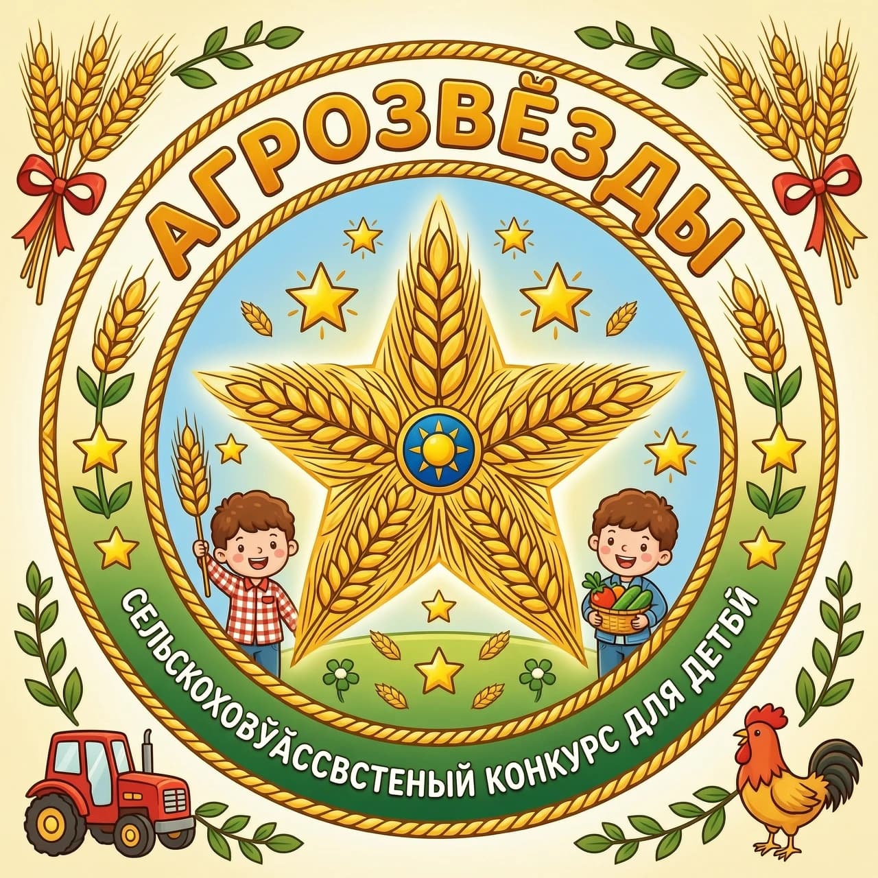 Эмблема с названием АГРОЗВЁЗДЫ. На эмблеме должна быть звезда, колосья ( Или звезда из колосьев), что- то сельскохозяйственное и могут быть дети. Эмблема должна быть яркая, так как это конкурс для детей