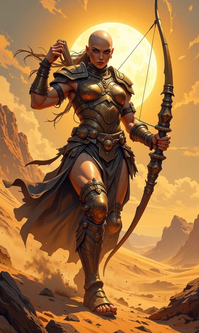 In full height! Evil fierce female warrior-slaver from a warlike desert tribe, bald woman with weathered skin and intense gaze, wearing primitive hand-forged bronze armor with ornate engravings and patina, wielding a heavy bow, captured in a dynamic combat stance, mid-action movement. Background of a vast, scorching sun-drenched desert with swirling sand dunes and heat haze. Lighting: dramatic golden hour sunlight, high contrast, harsh shadows, rim lighting highlighting the muscles and metallic texture. Composition: low angle shot, heroic scale, shallow depth of field with blurred desert horizon. Artistic medium: epic fantasy concept art, highly detailed textures of scratched metal and gritty sand, 8k resolution, volumetric dust particles, intense and primal atmosphere. In full height! Half turned!