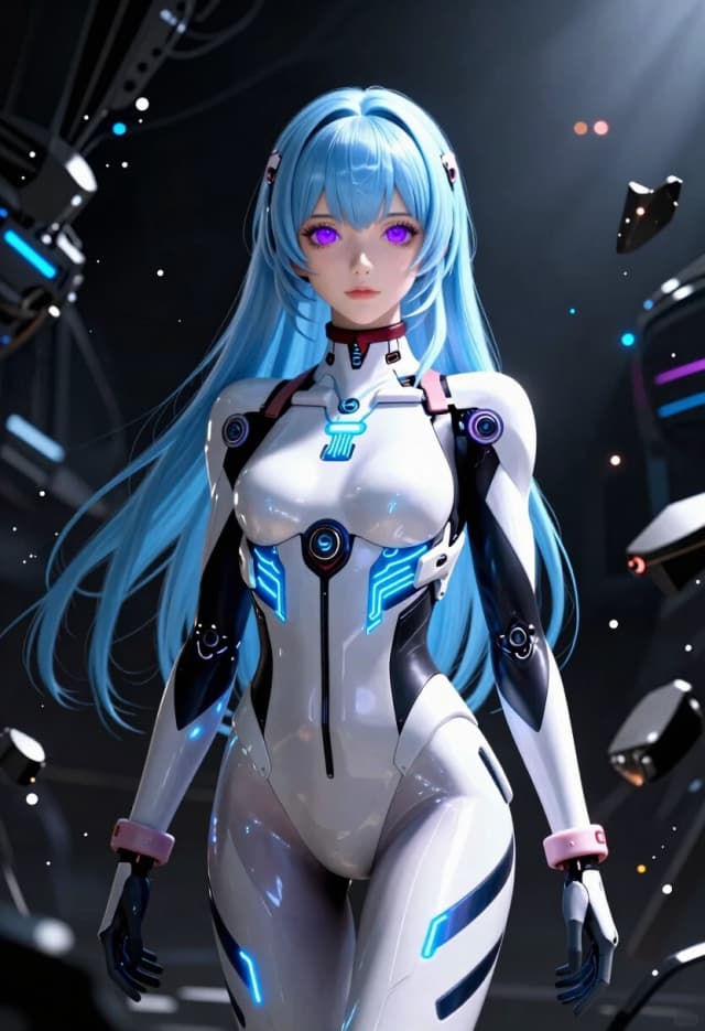 (lacia beatless:1.3), beatless, 1girl, solo, android, long light blue hair, blunt bangs, purple eyes, serene expression, futuristic white and black hIE bodysuit, glowing blue neon circuits, dark sci-fi background, abstract mechanical debris, glowing particles, deep shadows, lens flare, tech noir aesthetic, masterpiece, highly detailed anime, wallpaper