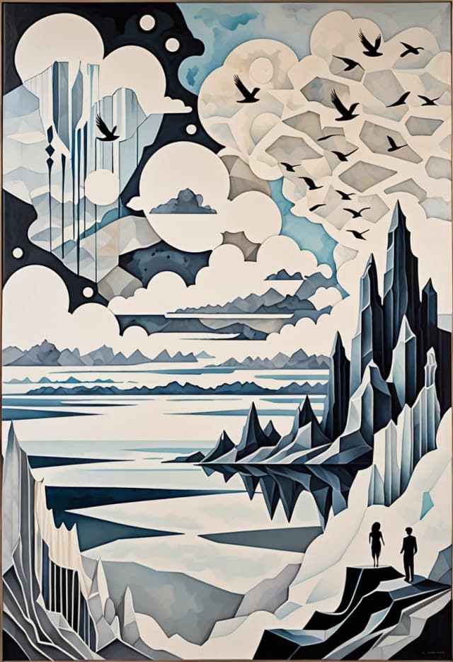 A polygonal pattern on canvas, a scroll, angular bold lines, stencil watercolor, a high plateau with translucent stalagmites, a pearl-gray sea below, clouds + silhouettes of a woman and a man, glass birds in the sky, a minimalist palette.