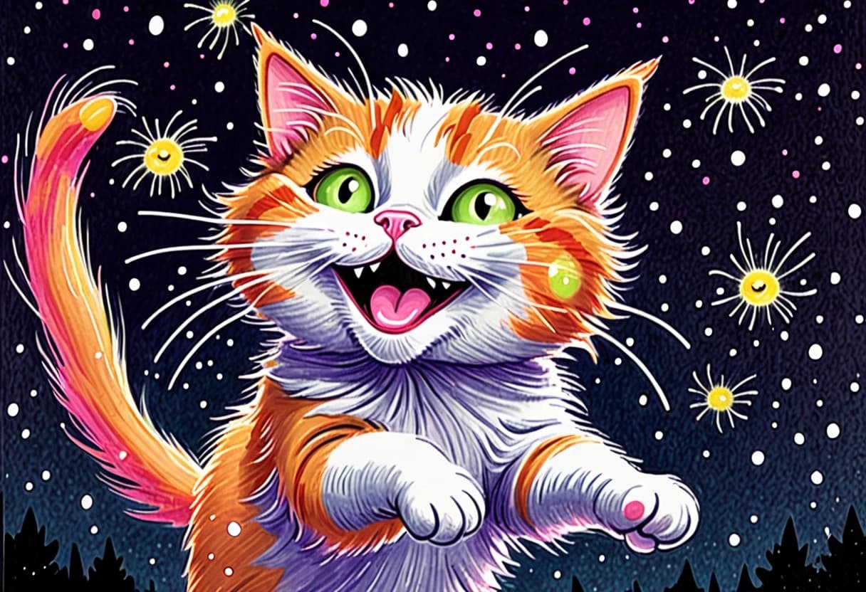 A children's crayon and marker drawing of a cute fluffy orange and white cat with big round sparkling eyes, pink nose, rosy cheeks and a joyful open-mouthed smile, leaping playfully through the air with paws outstretched to catch glowing yellow-green fireflies. Deep dark night sky in rich indigo and deep purple tones with soft white stars and small sparkles. Dark green grassy ground with muted dark green and blue bushes and a small tree on the left. Fireflies are simple