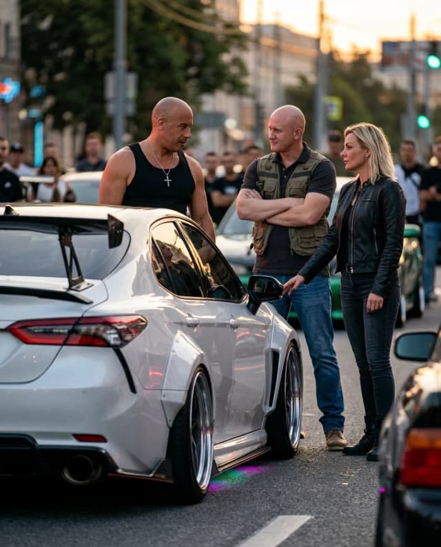 Cinematic hyper-realistic film still, high-octane street racing atmosphere. A man and a woman, dressed in stylish modern streetwear with racing aesthetics, stand confidently next to their heavily customized, wide-body white Toyota Camry. The Camry features aggressive aerodynamic kits, lowered suspension, custom deep-dish rims, and subtle neon underglow. Standing beside them, Vin Diesel as Dominic Toretto, with his signature intense gaze and rugged look, leans in slightly, looking at the car with genuine admiration and a respectful nod. The composition is a medium wide shot, capturing the full scale of the car and the characters in perfect anatomical proportion. Lighting is dramatic late-evening golden hour mixed with urban street lamps, creating realistic reflections on the car's polished white paint and metallic surfaces. Shallow depth of field with a soft bokeh background of a city racing meet. Shot on 35mm lens, Panavision aesthetics, extreme detail on skin textures, fabric weaves, and mechanical car parts. High dynamic range, natural color grading, no distortions, professional movie cinematography style.