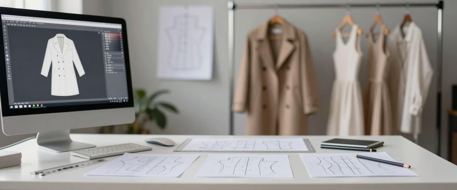 Photorealistic, frontal view of a clothing pattern design bureau. Foreground: a matte white desk with neatly arranged paper sewing patterns, transparent plastic drafting rulers (lecalas), technical flat sketches, graphite pencils, and a metal ruler. In the left corner of the desk, a modern COMPUTER with a large monitor showing CAD software displaying a 3D flattened pattern piece for a coat. Background (heavily blurred with bokeh): a metal clothing rack holding finished garment samples (a classic coat and two dresses), as well as finished paper patterns hanging on hangers. Lighting: soft directional light from the top-left (daylight, 5000K) highlighting the texture of the paper and plastic, with no glare on the monitor screen. Shallow depth of field, focus on the table with patterns and the COMPUTER.